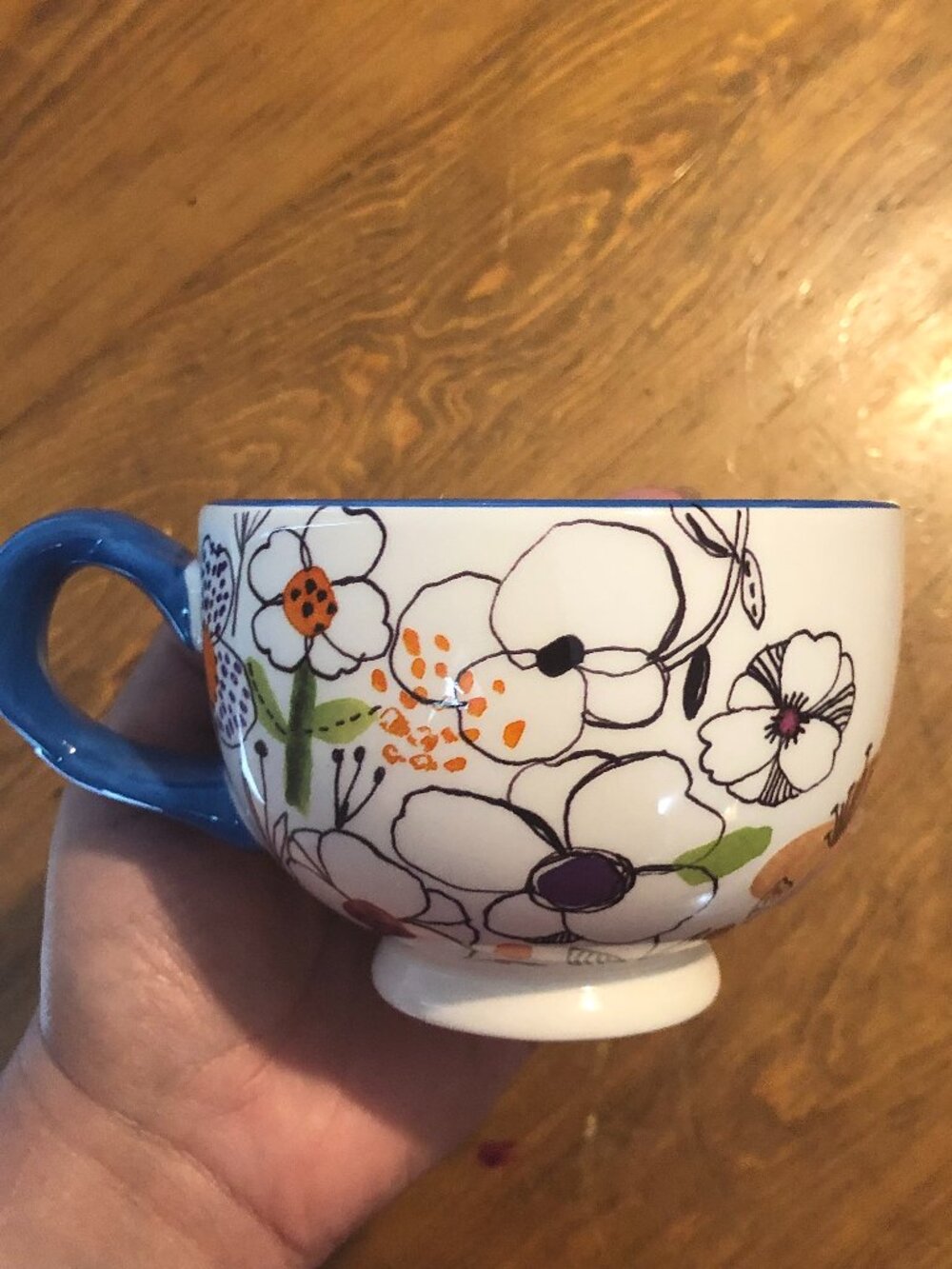 Floral Footed Mug - Boho Wildflower Coffee Cup with Bird Inside - Blue Handle